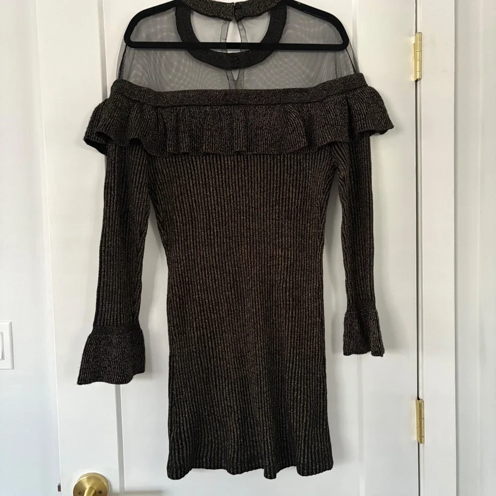 Venus Metallic Gold Ribbed Knit Ruffle Mesh Dress XL Bell Sleeve Mock Neck Party